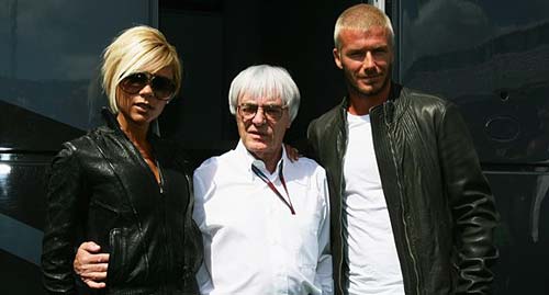 Bernie Ecclestone con David Beckham y Victoria Adams.