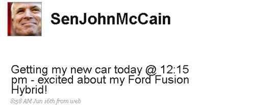 A través de su cuenta de Twitter, McCaine cuenta que está entusiasmado con su nuevo Ford Fusion Hybrid. 