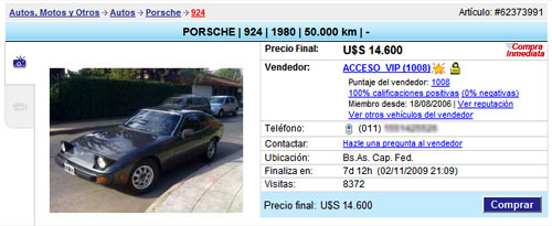 El aviso de venta dex Porsche 924 de Maradona