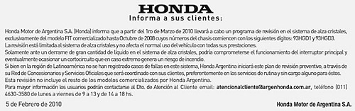 Honda llama a recall a los Honda Fit de primera generación.