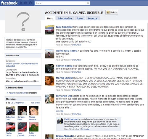 Grupo del accidente en el Gálvez en Facebook