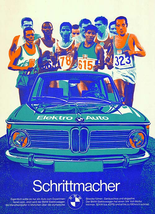 El afiche de BMW para los JJ.OO de Munich 1972 con el auto eléctrico como protagonista.