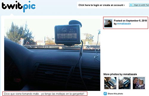 Captura del twitpic de Alé y de la foto subida en momentos en que el auto iba a 196 km/h
