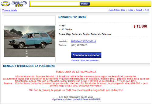 Aviso Mercado Libre venta de Renault 12 Break