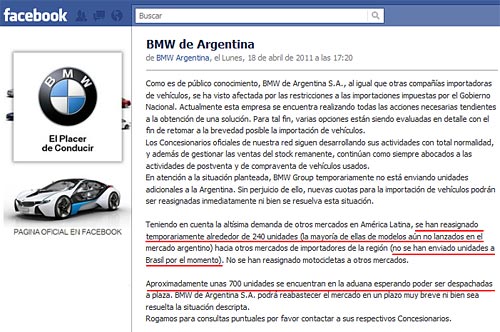 Comunicado de BMW Argentina en Facebook.