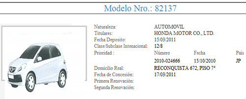 Segundo registro del Honda Brio en el INPI.