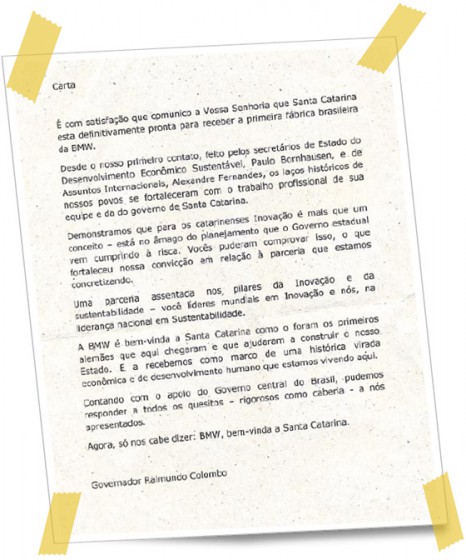 Carta que el diario A Noticia señala como enviada por el gobernador de Santa Catarina a la sede de BMW en Alemania.