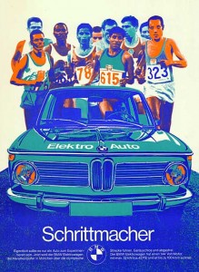 El afiche de BMW para los JJ.OO de Munich 1972 con el auto elÃ©ctrico como protagonista.